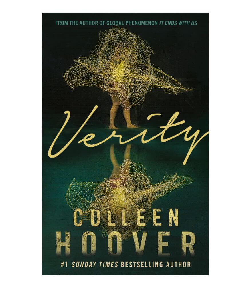 Book cover of Verity by Colleen Hoover, featuring a yellow abstract wireframe figure and its reflection, with the title in large script and the author’s name in bold block letters below.