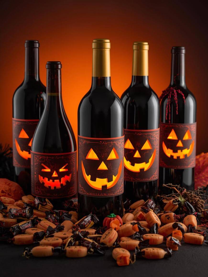 Five wine bottles with glowing jack-o’-lantern labels are displayed together, surrounded by assorted Halloween candies and decorations. The background glows orange, creating a festive, spooky atmosphere.