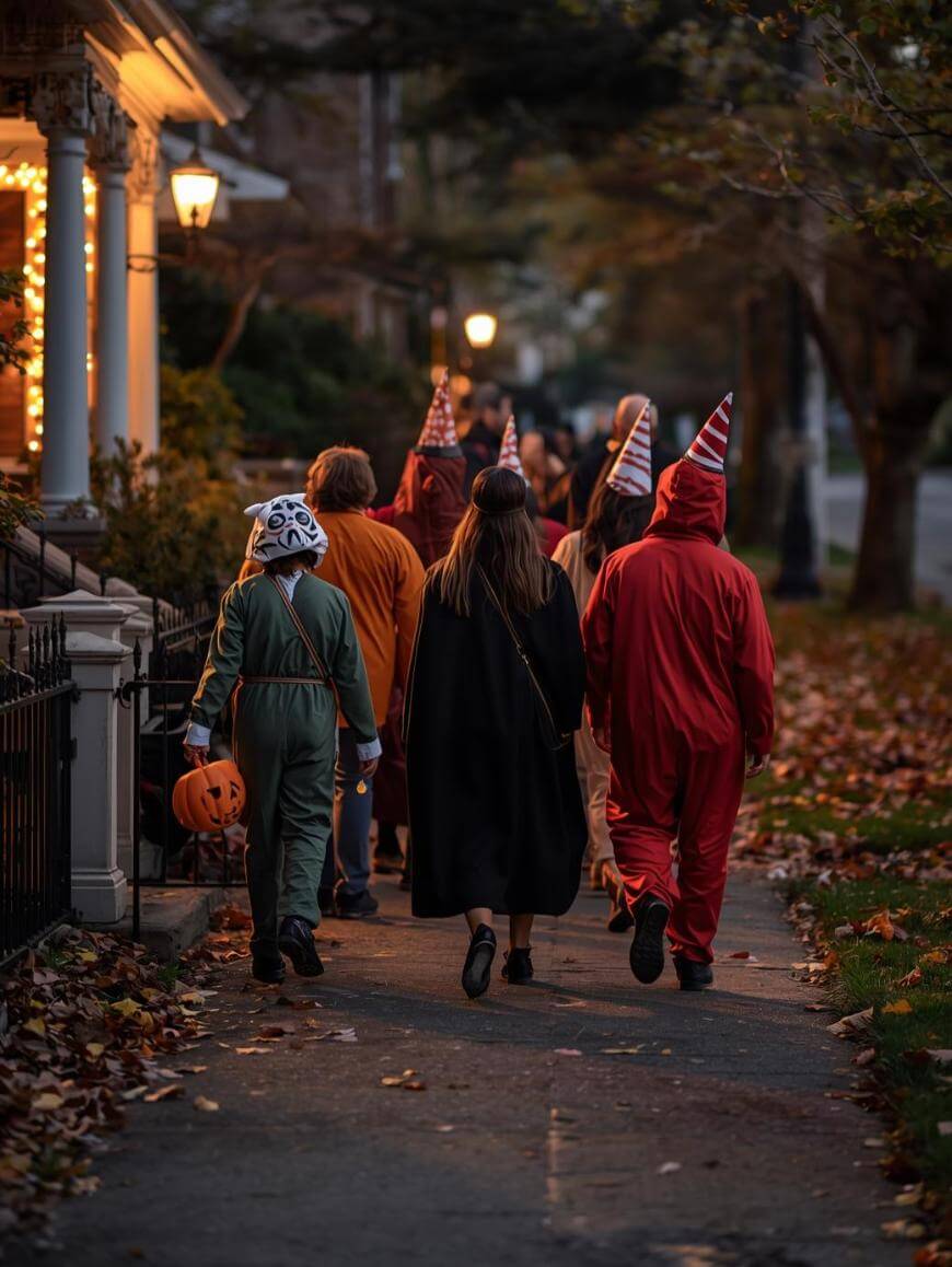 A group of children in Halloween costumes, including animal onesies and hats, walk down a leaf-covered sidewalk at dusk, carrying candy buckets and bags. House lights glow warmly in the background.