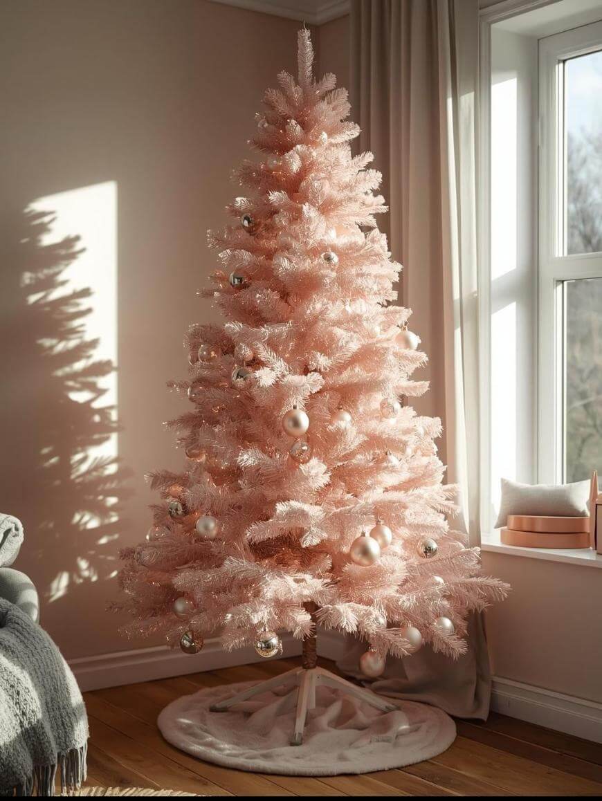 A pale pink Christmas tree decorated with silver and white ornaments stands in a sunlit corner next to a window, with a soft pink tree skirt and cozy decor nearby.