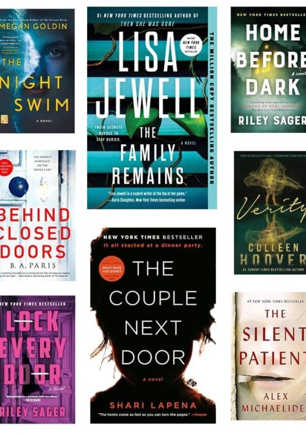 A collage of eight thriller and mystery book covers, including The Night Swim, The Family Remains, Home Before Dark, Behind Closed Doors, Verity, The Couple Next Door, Lock Every Door, and The Silent Patient.