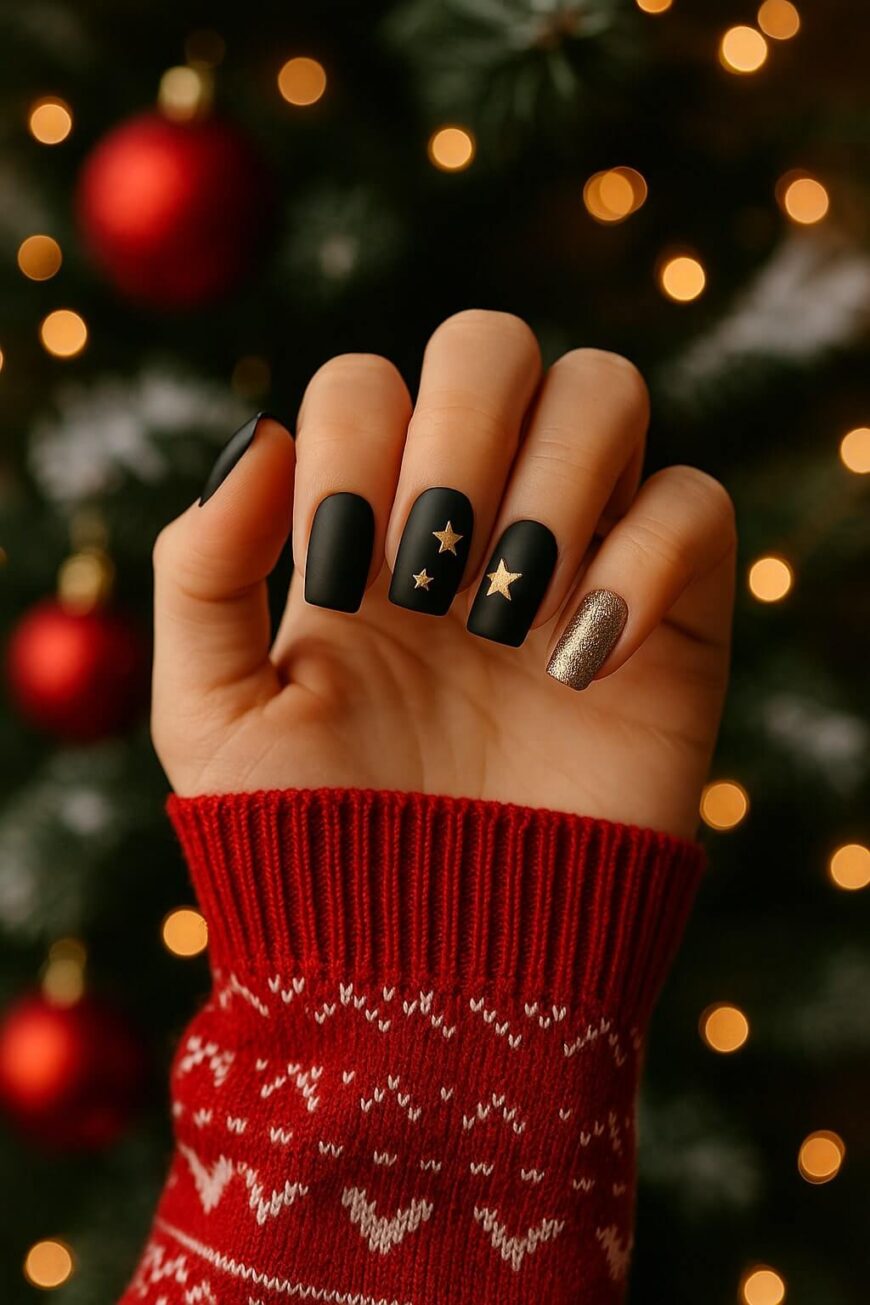A hand with a festive red sweater shows matte black nails with gold star accents and one gold glitter nail, held up in front of a blurred Christmas tree with lights and red ornaments.