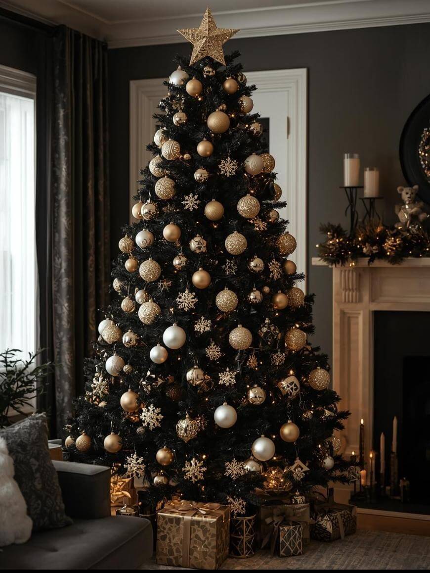 A Christmas tree decorated with gold and white ornaments stands by a fireplace with wrapped gifts underneath. The room has dark walls, candles, and garland, creating a festive, elegant atmosphere.