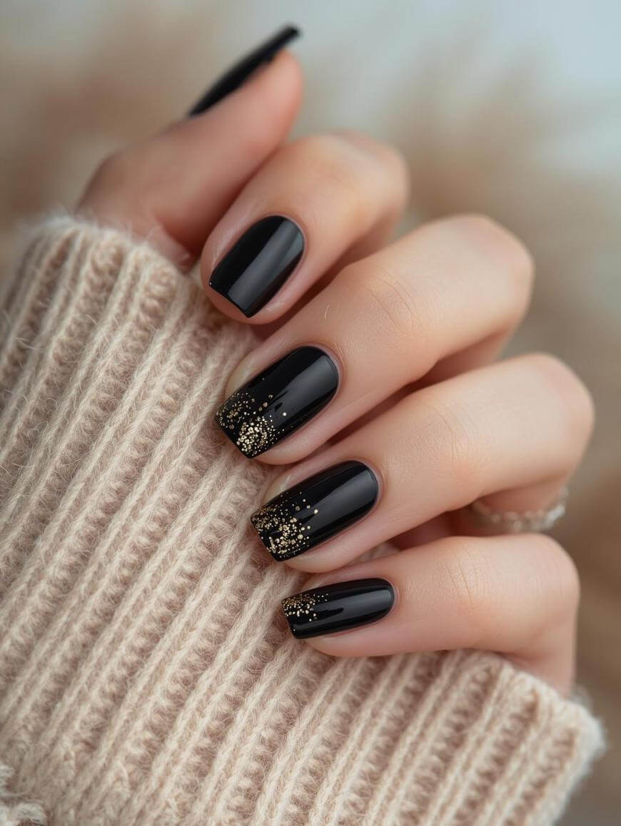 A hand with neatly manicured nails painted black, featuring gold glitter accents on the tips, rests against a beige knit sweater.