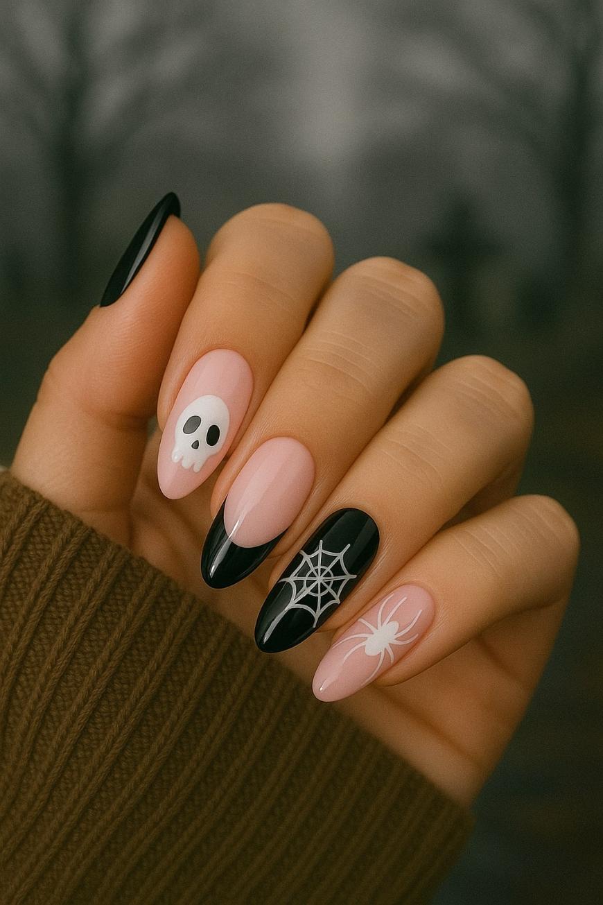 A hand with long, almond-shaped Halloween-themed nails featuring black tips, a white skull, a white spiderweb, and a white spider design. The person is wearing a brown sweater. Blurry trees are in the background.