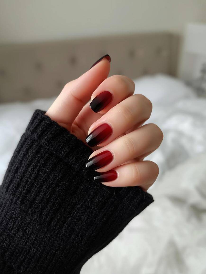 A hand with long, almond-shaped nails featuring a red and black ombre design, peeking out from the sleeve of a black knit sweater. The background is a softly lit, blurred bedroom.