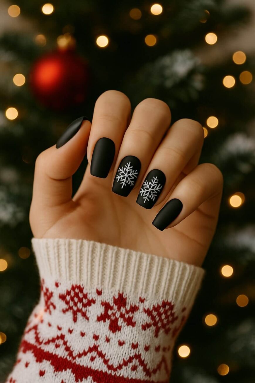 A hand with matte black nails, two nails featuring white snowflake designs. The person is wearing a white and red sweater, and a decorated Christmas tree with lights is blurred in the background.