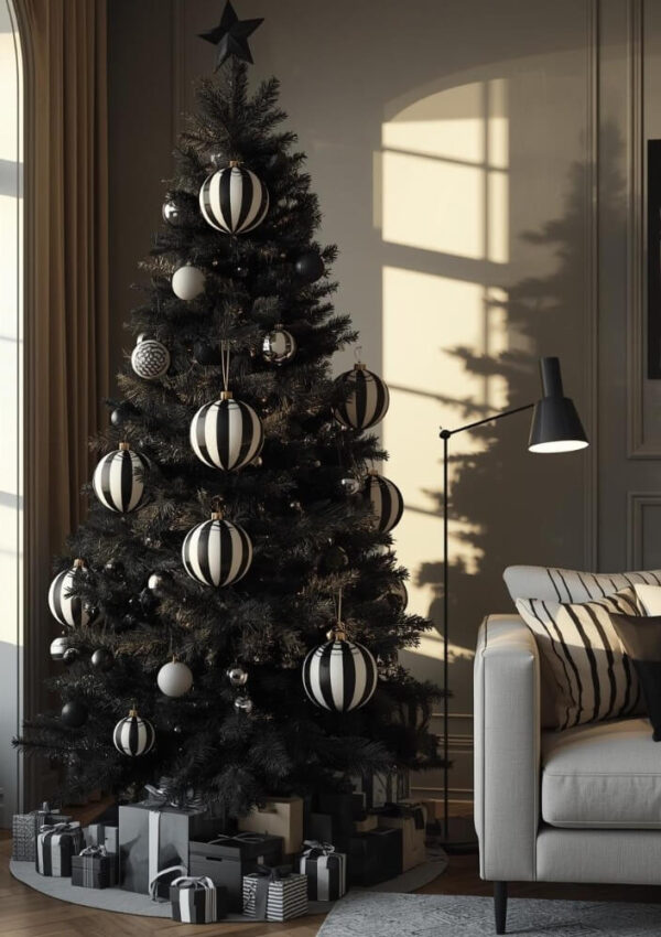 A black Christmas tree decorated with black and white striped ornaments stands in a stylish living room, surrounded by matching wrapped gifts, beside a beige sofa and a modern black floor lamp.