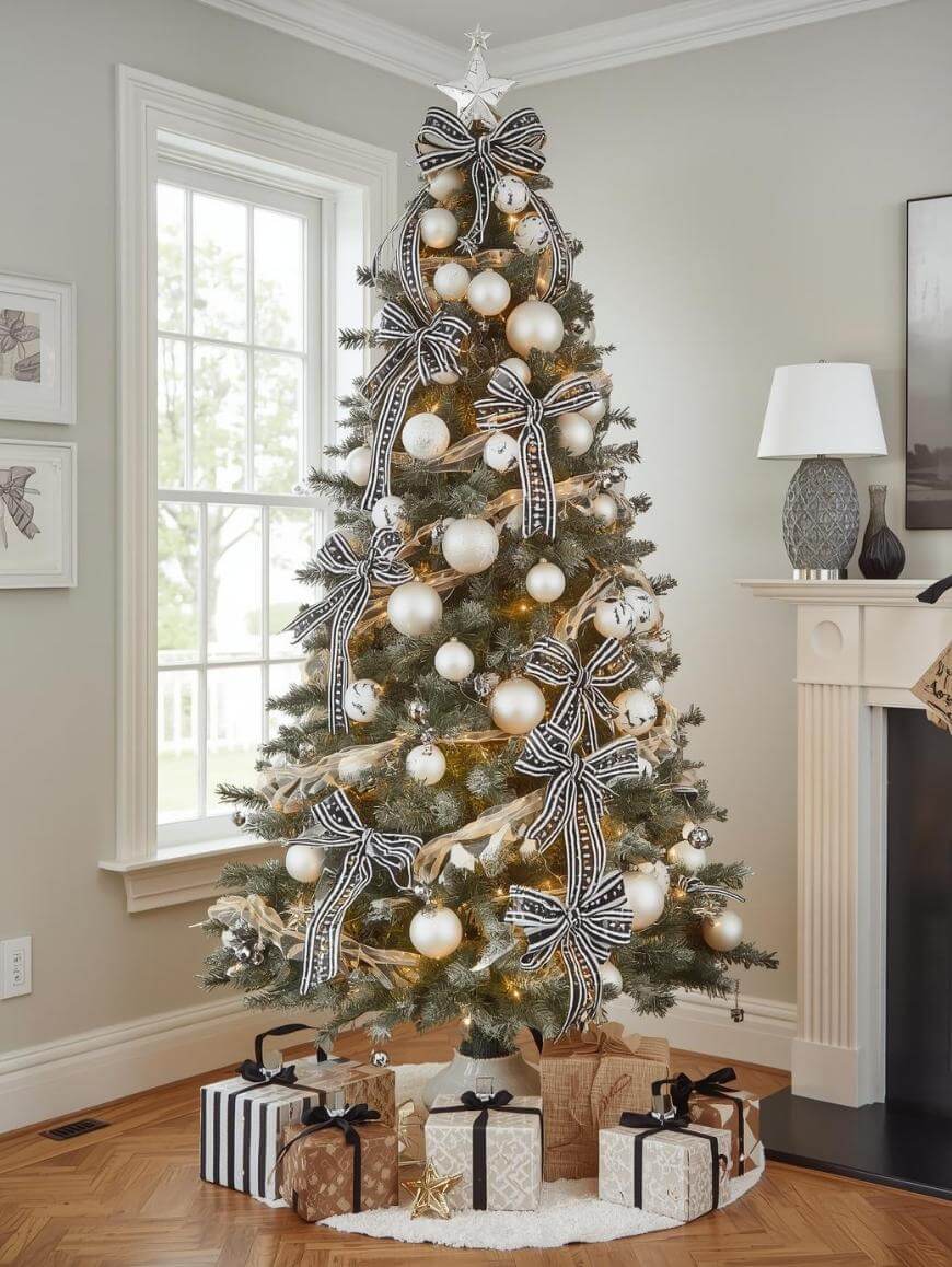 A Christmas tree decorated with white and gold ornaments, black-and-white striped ribbons, and a star on top stands by a window. Wrapped gifts with matching black, white, and gold paper are arranged on a white rug at the base.