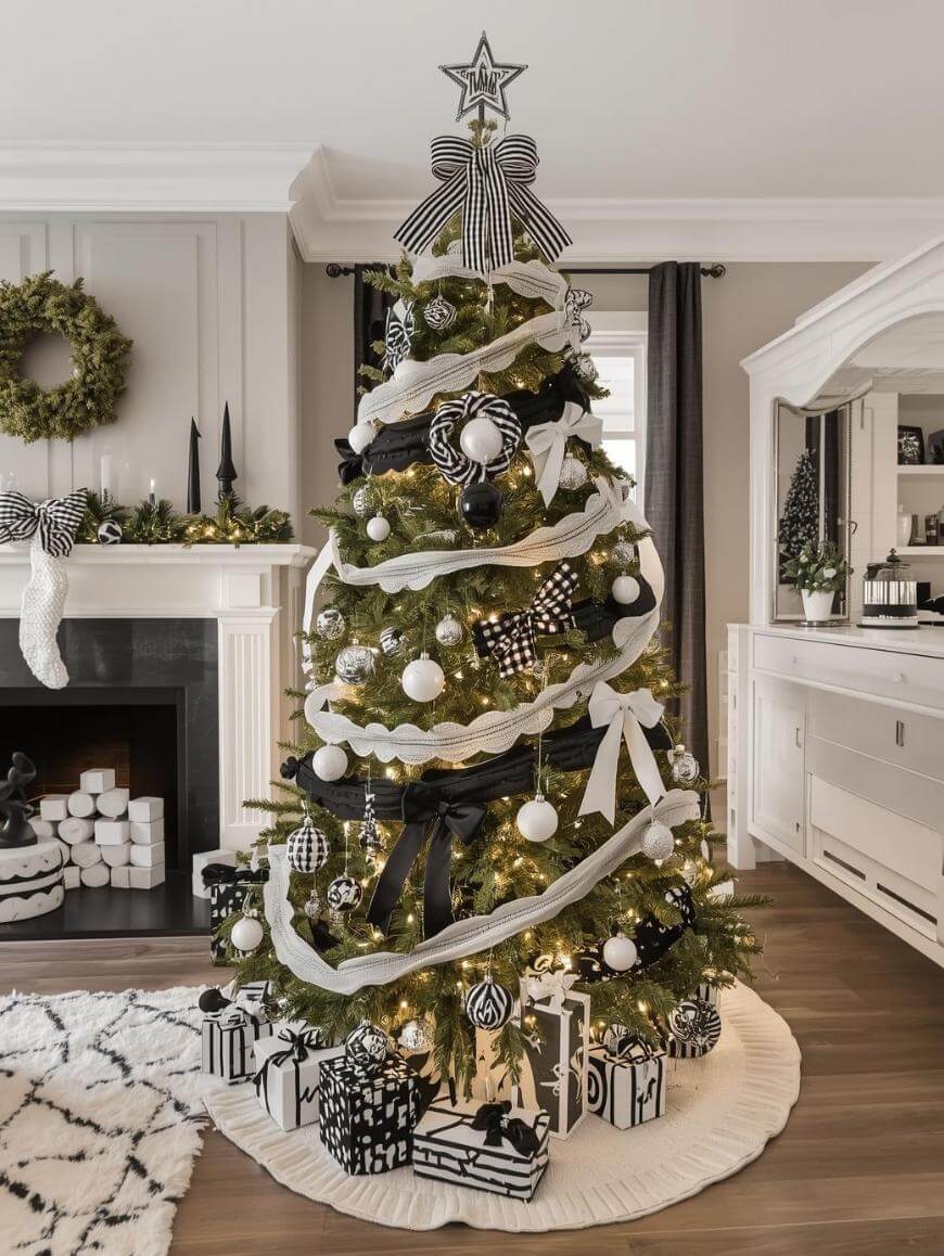 A Christmas tree decorated with black, white, and silver ornaments, ribbon, and a striped star topper stands in a living room. Black and white wrapped gifts are underneath, with a white tree skirt and modern holiday decor nearby.