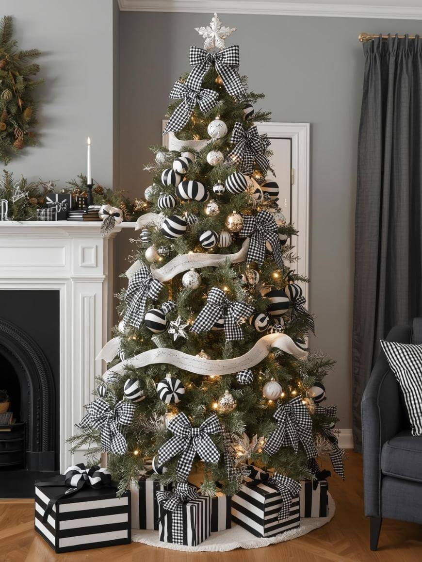 A Christmas tree decorated with black-and-white ribbon bows, striped and checkered ornaments, white garland, and surrounded by black-and-white wrapped presents, stands beside a white fireplace in a gray-toned living room.