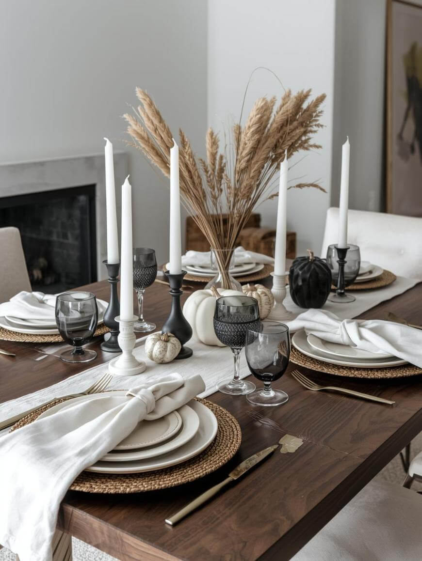 A wooden dining table set for four with white plates, woven placemats, black and clear glasses, gold flatware, white napkins, tall white candles, and fall decor including pumpkins and dried grasses.