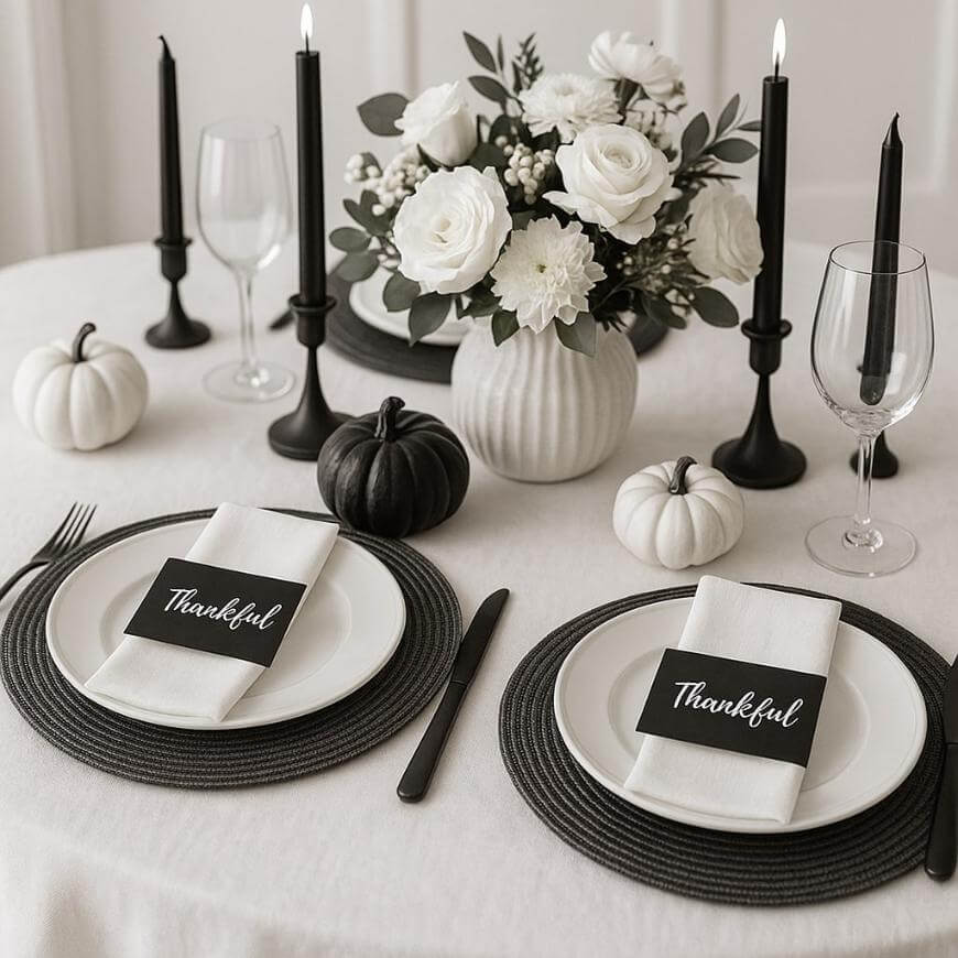A round table set for two with black and white decor, featuring black candles, white flowers in a vase, small black and white pumpkins, and Thankful cards on each plate with neatly folded napkins.
