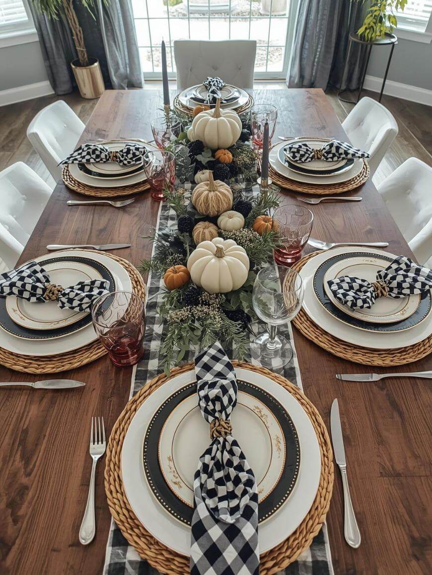 A wooden dining table set for eight with white plates, woven placemats, checkered napkins, and wine glasses. A centerpiece of white and orange pumpkins with greenery runs down the middle. Natural light fills the room.
