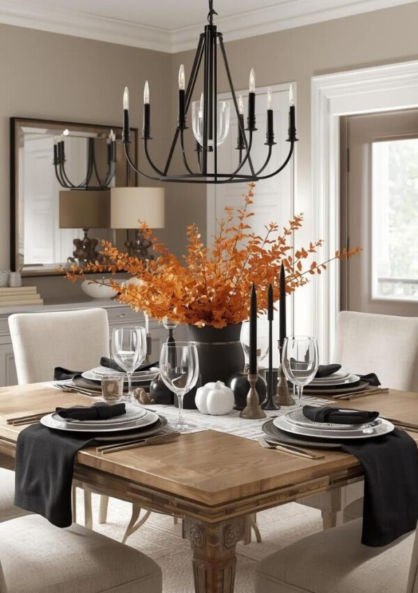 A dining table set for four with black napkins, glassware, and plates. A black vase with orange autumn foliage is the centerpiece. Black candles and small white pumpkins decorate the table; a black chandelier hangs above.