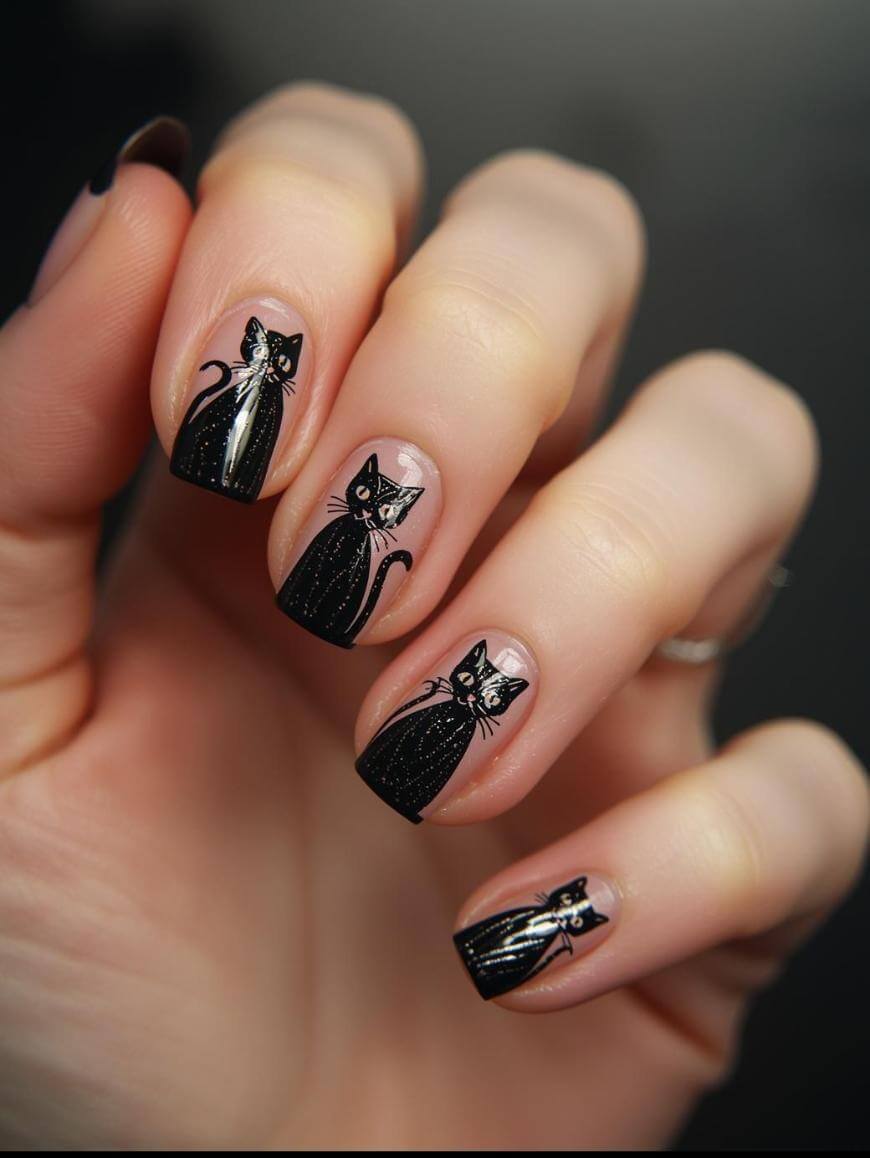 A close-up of a hand with manicured nails featuring black cat designs on each nail. The cats are sleek and stylized, with white accents for the eyes and whiskers on a natural nude background.