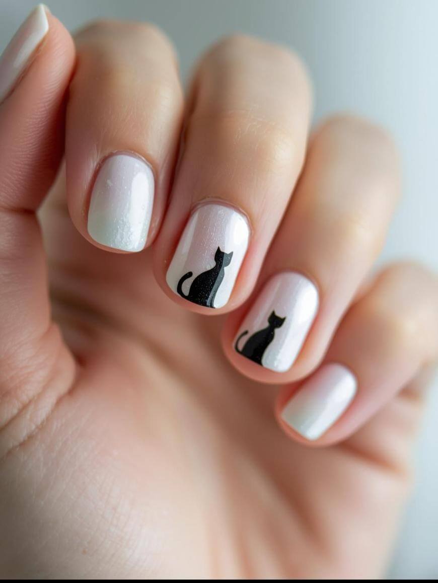 A hand with short, pale pink polished nails featuring black cat silhouettes as nail art on the middle and ring fingernails.