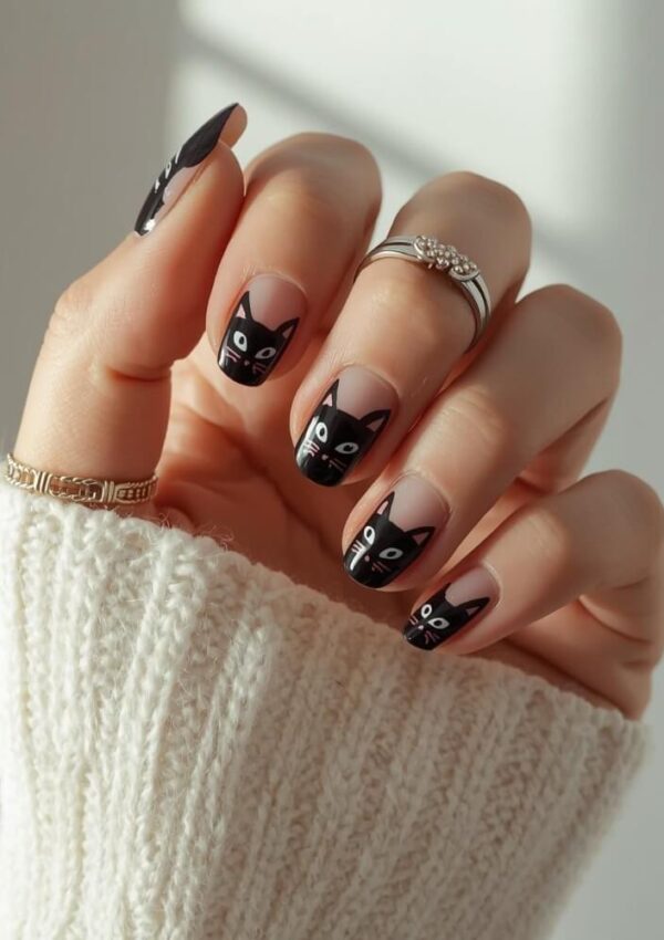 A hand with manicured nails featuring black cat face designs; the person is wearing silver rings and a cream knit sweater.