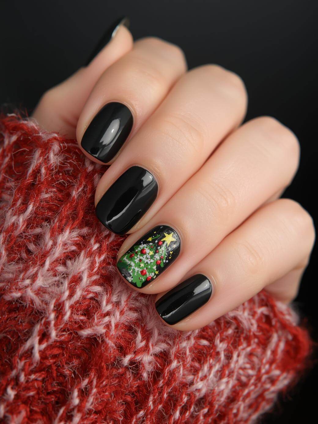 A hand with glossy black nail polish, except one accent nail featuring a detailed Christmas tree design, is shown against a cozy red and white knit sweater.