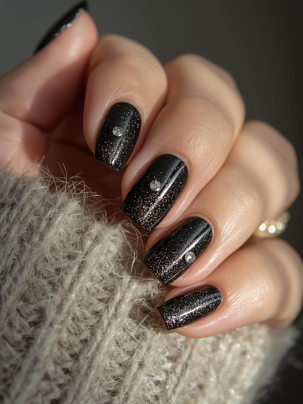 A hand with black, glittery nail polish and small rhinestone accents on each nail, wearing a soft, fuzzy beige sweater.