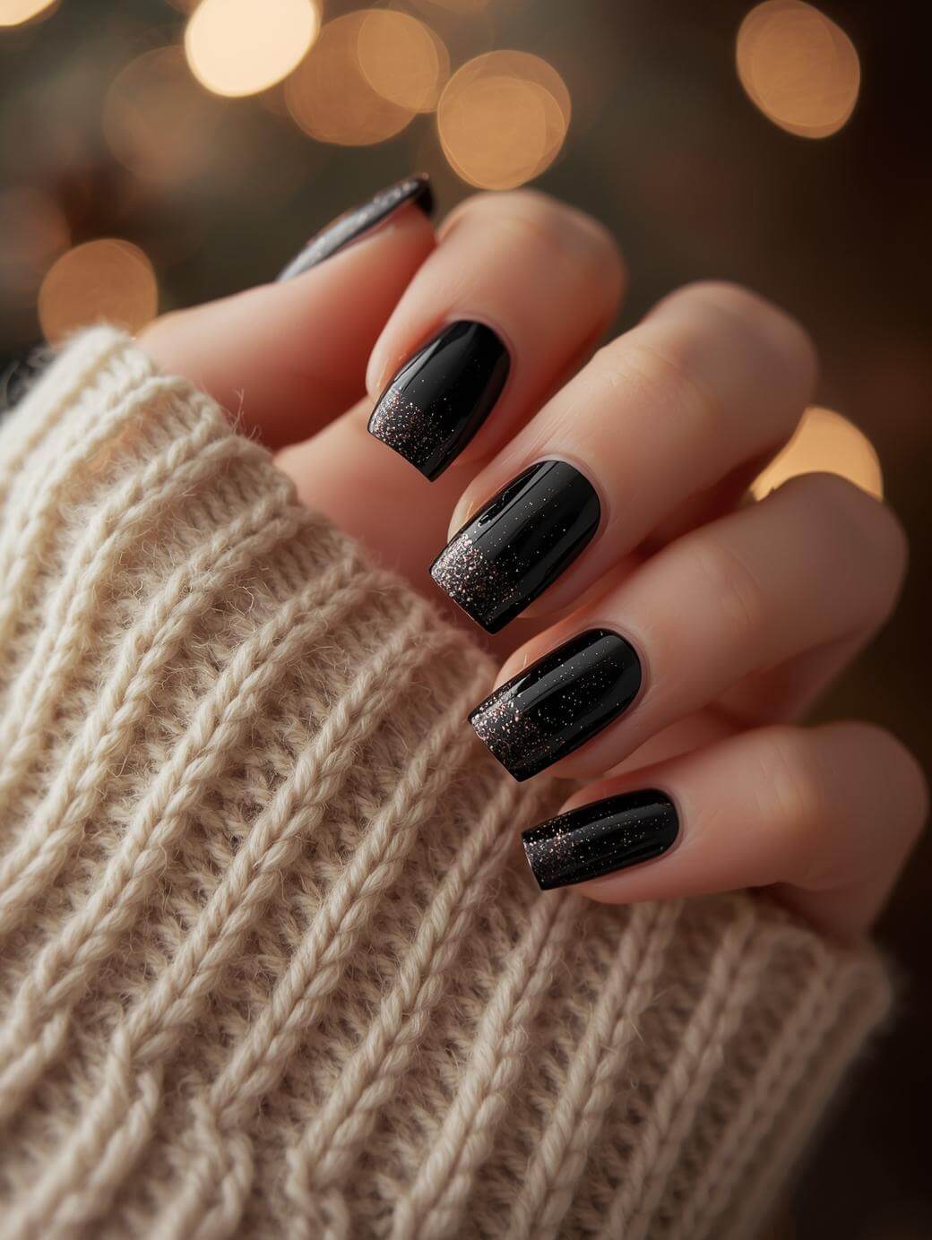 A hand with black, glossy nails featuring glittery tips is shown, partially wrapped in a beige, chunky knit sweater. Soft, warm lights blur in the background, creating a cozy, festive atmosphere.