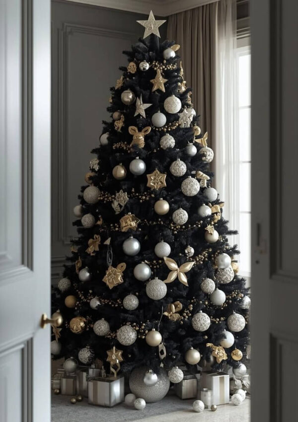 A black Christmas tree decorated with gold and silver ornaments and topped with a star stands in a softly lit room, surrounded by silver and white wrapped presents.
