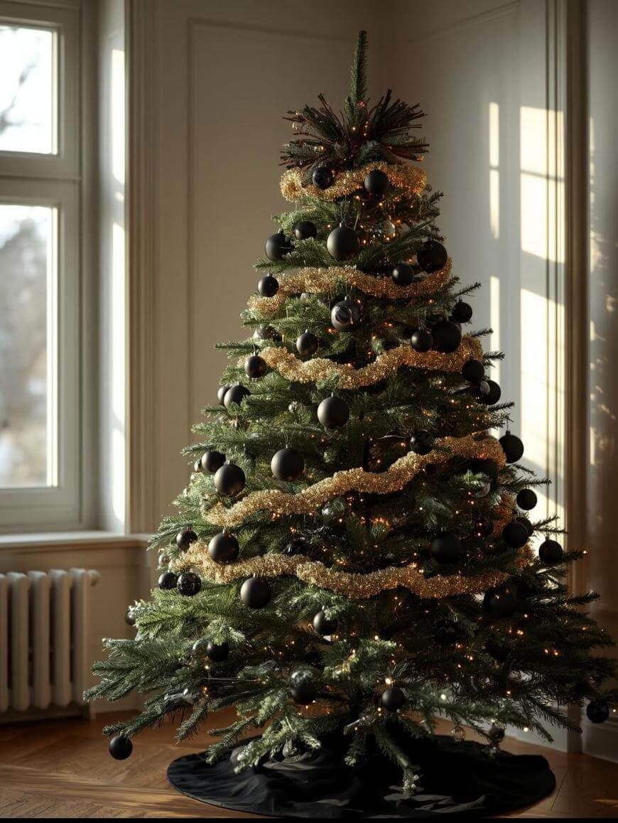 A decorated Christmas tree with gold garland and dark ornaments stands in a sunlit room with white walls, wooden flooring, and large windows.