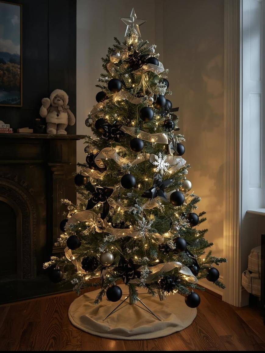 A decorated Christmas tree with black and gold ornaments, white ribbon, and warm white lights stands in a cozy, dimly lit room near a fireplace and window. A star tops the tree, and a beige tree skirt covers the base.