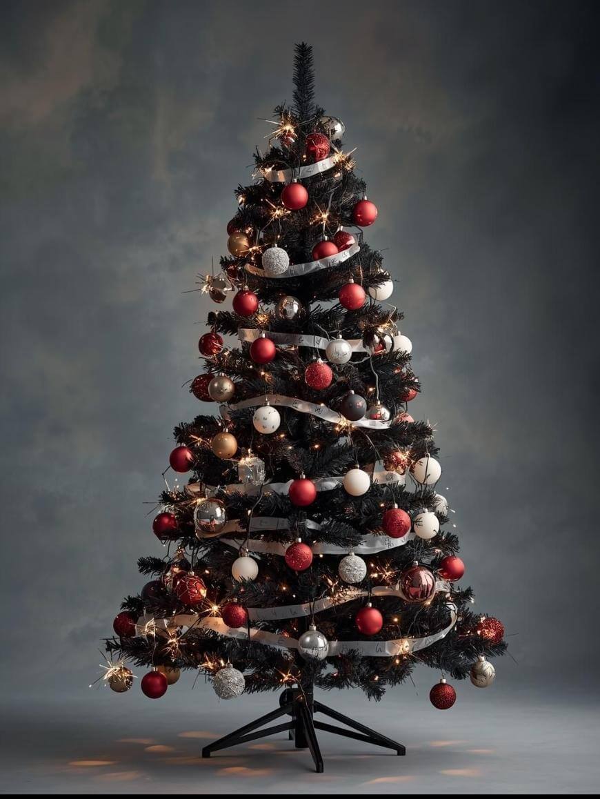 A decorated Christmas tree with red, white, and silver ornaments, white ribbon, and glowing lights stands on a black stand against a neutral gray background.