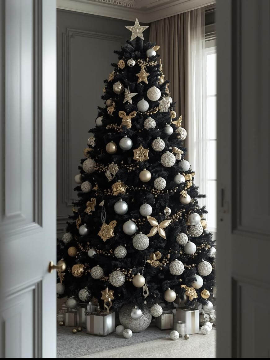 A tall black Christmas tree decorated with gold and silver ornaments and a star topper stands in a stylish room near a window, surrounded by wrapped presents in silver and gold paper.