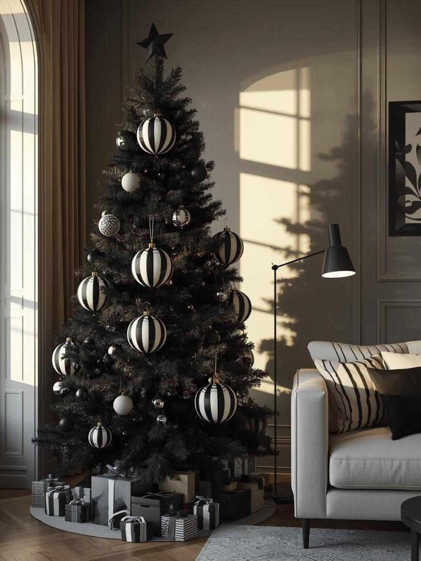 A black Christmas tree decorated with black and white ornaments stands in a stylish living room, surrounded by black and white wrapped gifts. Warm sunlight streams through a window, casting shadows on the wall and couch nearby.
