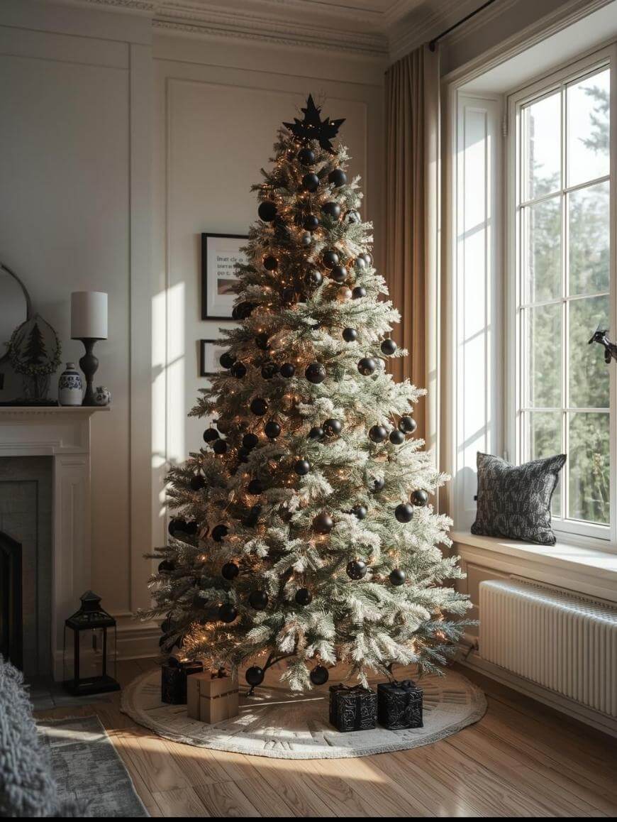 A decorated Christmas tree with white lights and black ornaments stands on a round rug near a large window. Wrapped presents are placed under the tree in a cozy, sunlit living room with wooden floors.