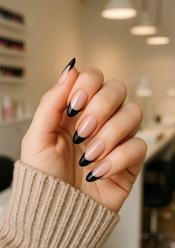 A hand with long, almond-shaped nails featuring a nude base and black French tips, held up in a modern, well-lit nail salon. The person is wearing a beige ribbed sweater.