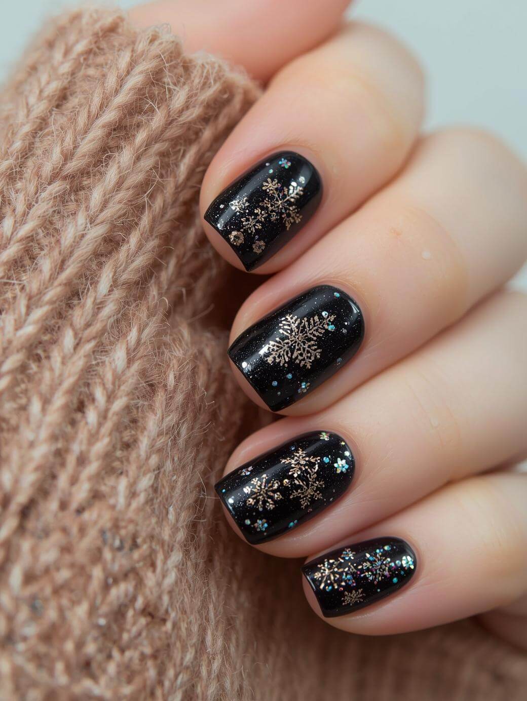A hand with short, neatly manicured nails painted black and decorated with sparkly silver snowflake designs, resting against a chunky beige knit sweater.