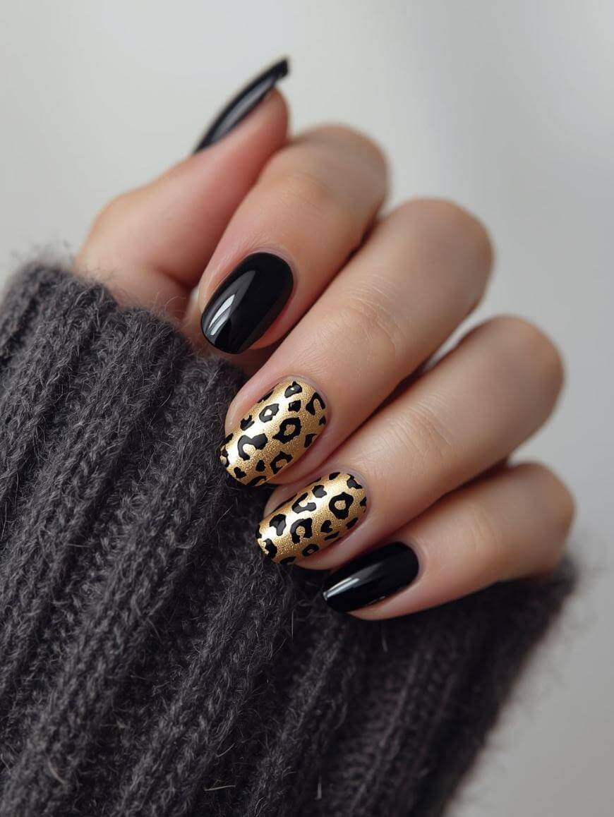 A hand with black-painted nails and two accent nails featuring a gold base with black leopard print, shown against a gray knitted sweater.