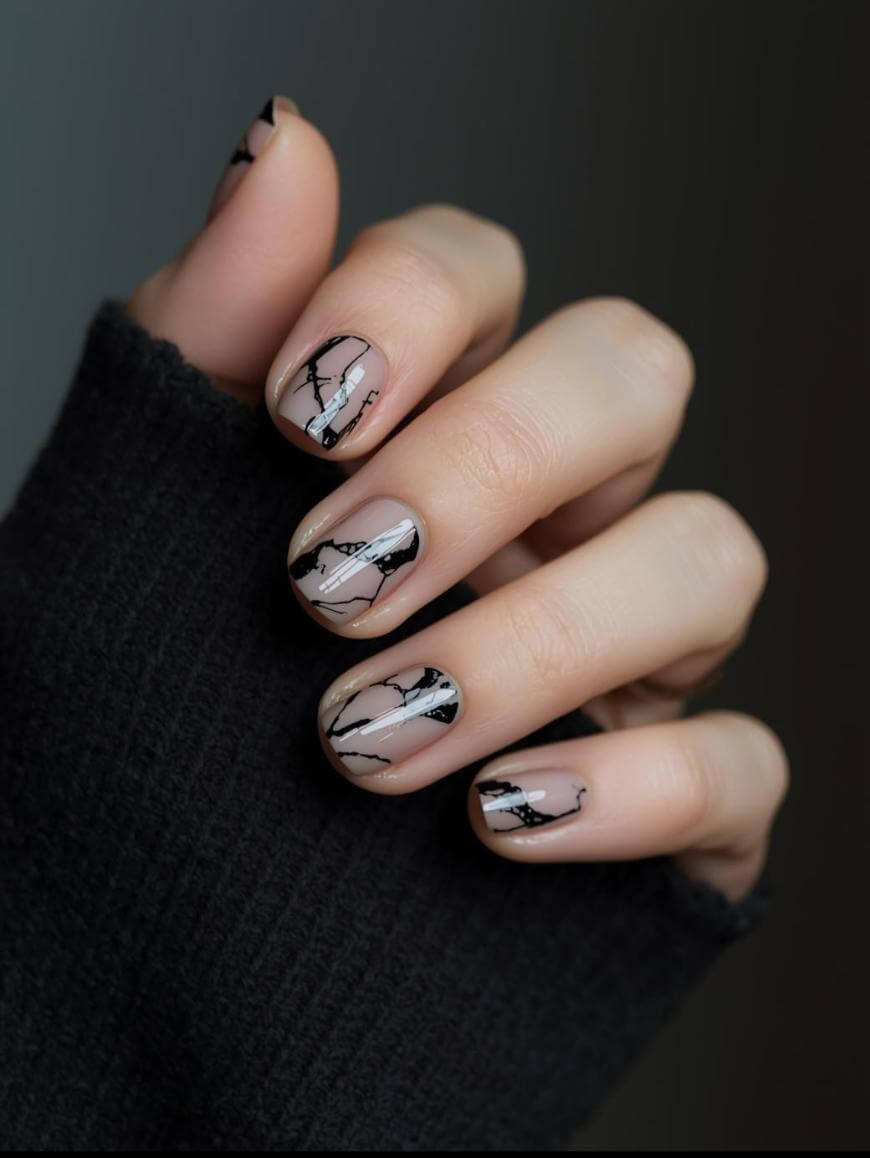 A hand with short, almond-shaped nails featuring a nude base color and black abstract marble-like line designs. The person is wearing a dark, long-sleeve top.