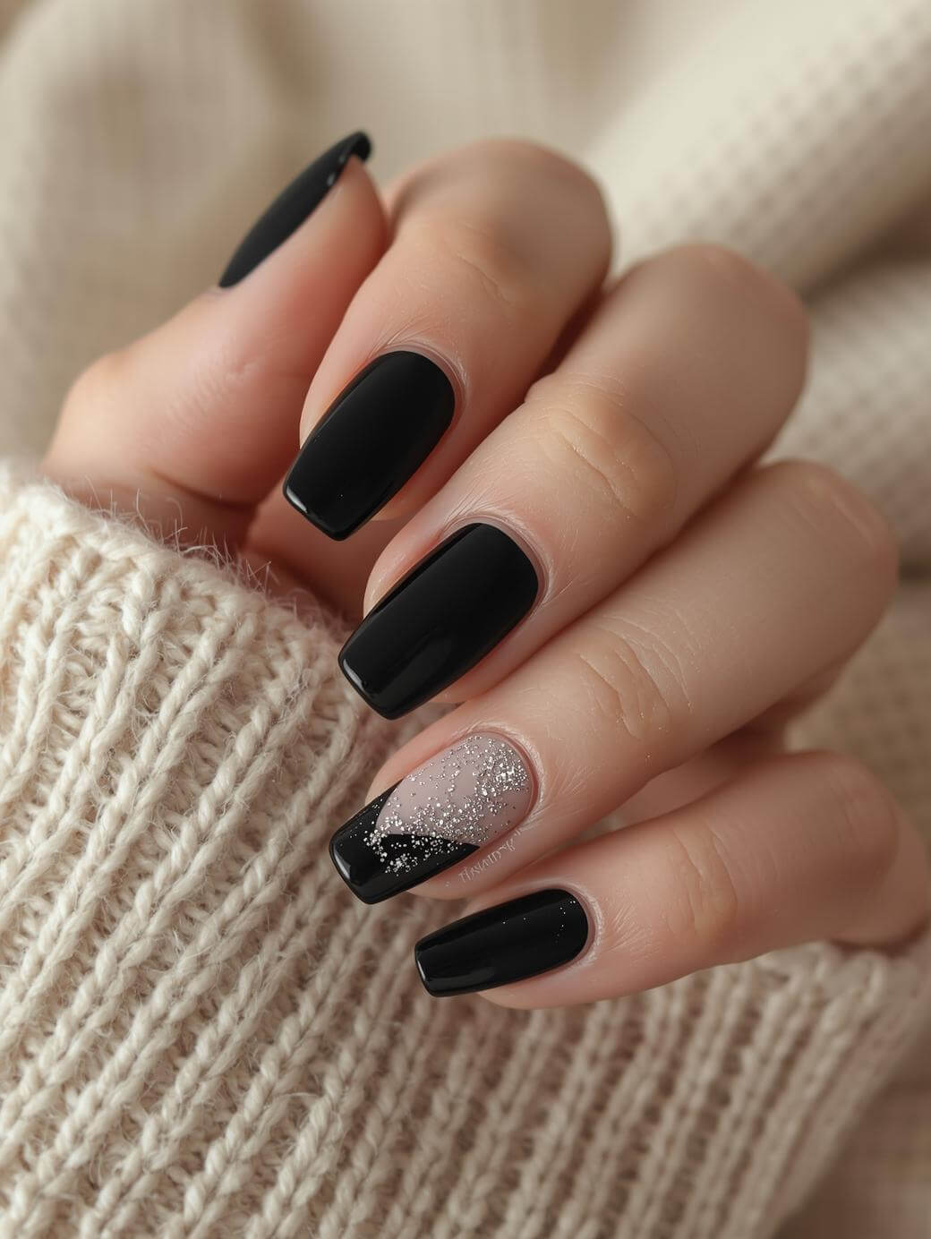 A hand with neatly manicured nails featuring a glossy black polish on four nails and a clear accent nail with glitter and delicate white art, against a cream knit sweater background.