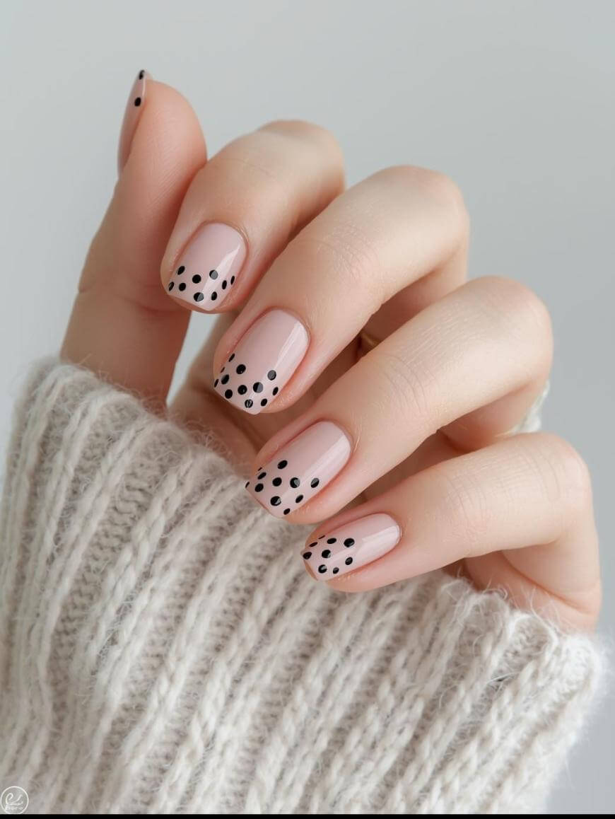 A hand with neatly manicured nails featuring a nude base and black polka dot tips, partially wrapped in a cozy, cream-colored knitted sweater.