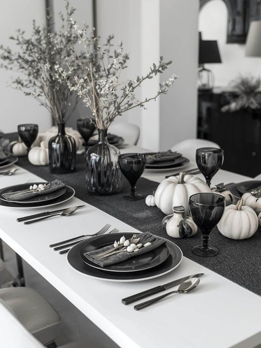 Elegant table setting with black plates, dark glassware, and cutlery on a white table. Decorative white pumpkins and black vases with branches create a stylish and modern centerpiece.