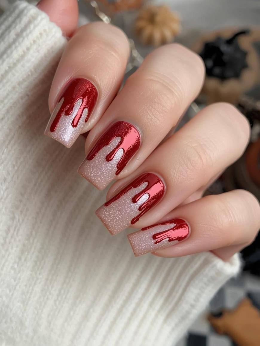 A hand with long, square-shaped nails features a red, dripping paint design over a shimmery nude base. The person is wearing a white, ribbed sweater. The background is softly blurred.
