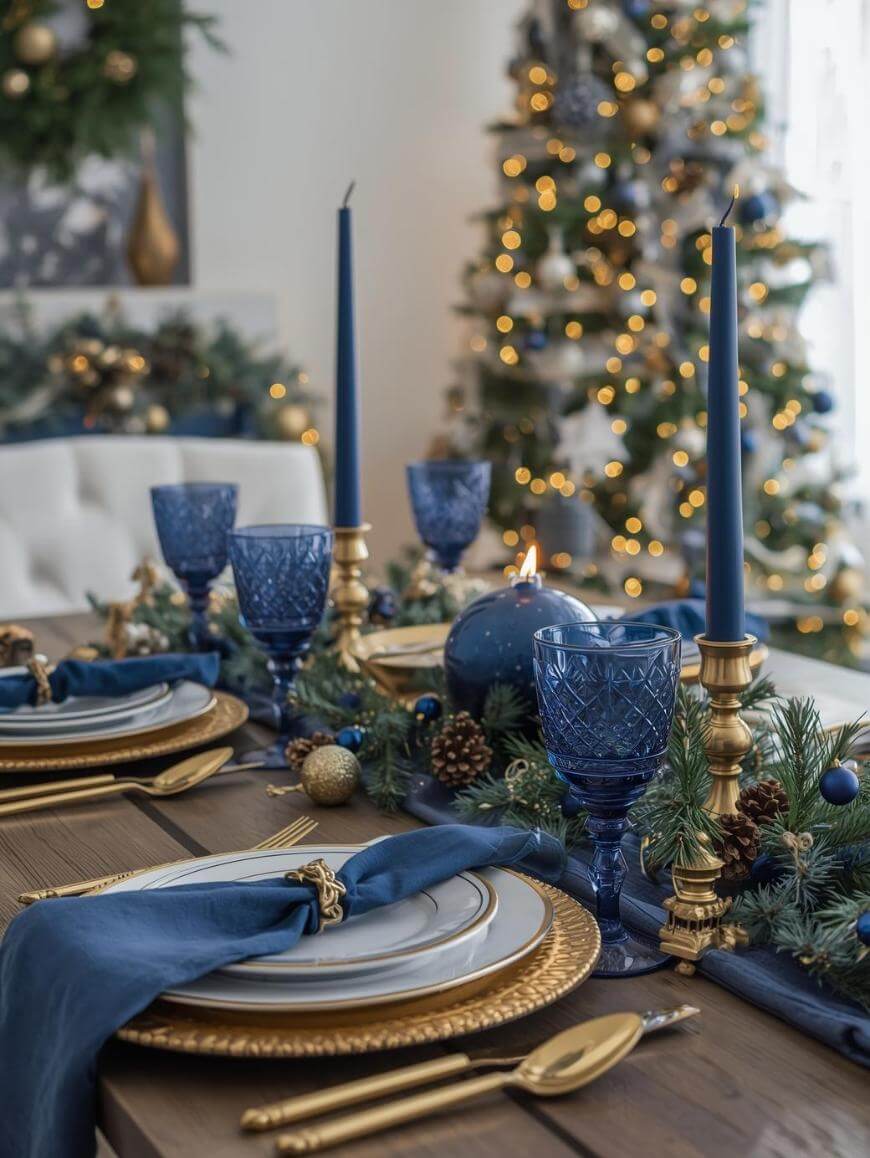 A festive holiday table is set with blue glassware, gold cutlery, blue napkins, and candles. Evergreen garland and ornaments decorate the table, and a Christmas tree with warm lights is in the background.
