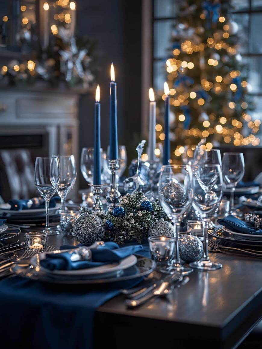 Elegant holiday dining table set with blue and silver decorations, including candles, ornaments, and festive tableware. A Christmas tree with lights and ornaments is visible in the softly lit background.