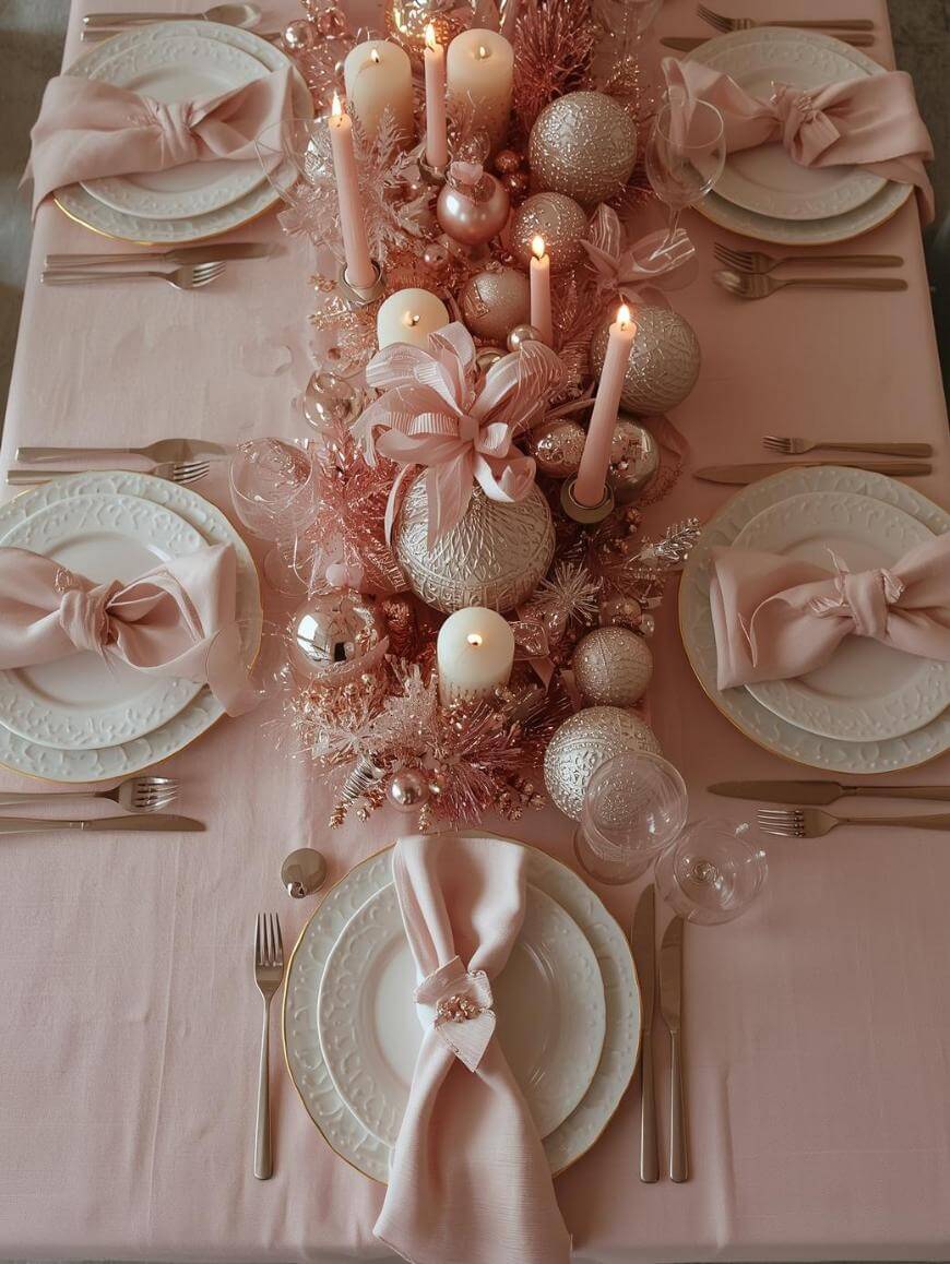 A pink-themed table setting with four places, each with a white plate, pink napkin, and gold cutlery. The centerpiece features pink candles, ornaments, and ribbons on a pink tablecloth.