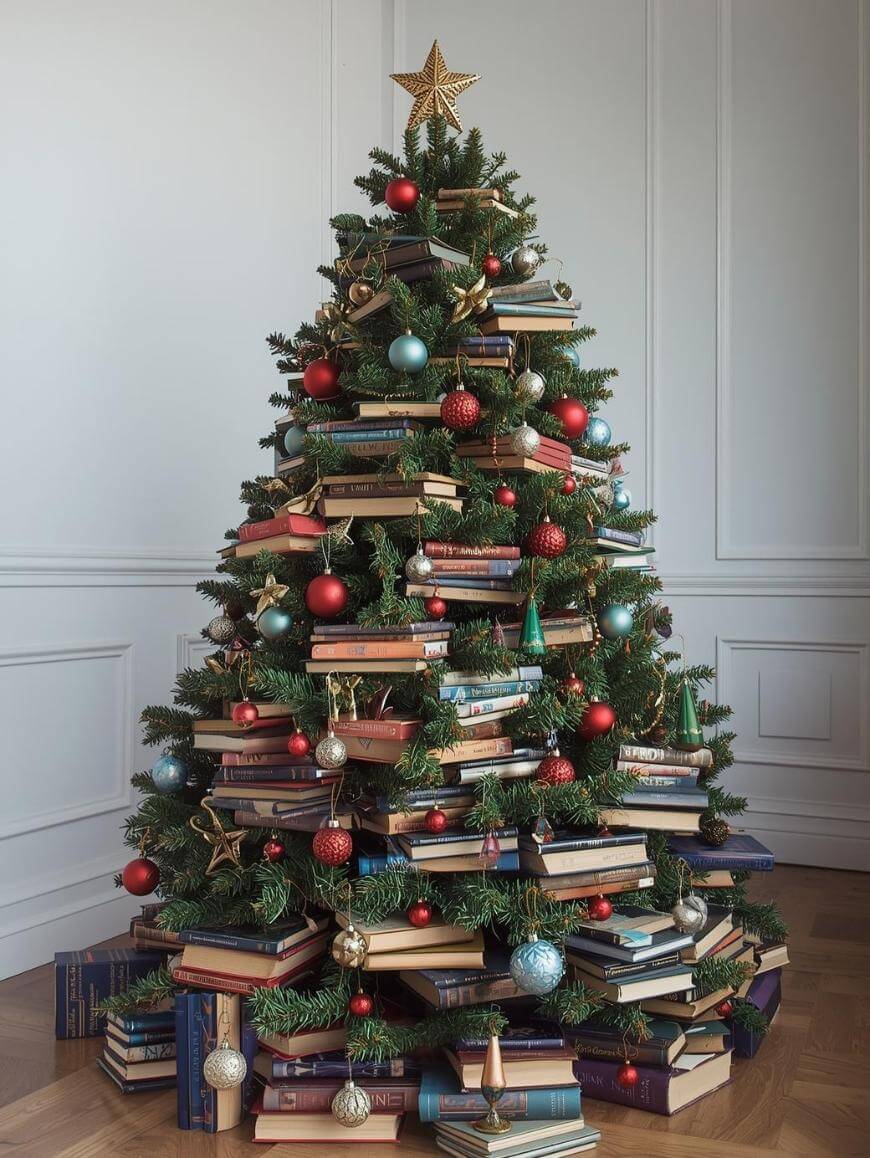 A Christmas tree decorated with colorful ornaments and stacked with books on its branches, standing in a bright, elegant room with white walls.