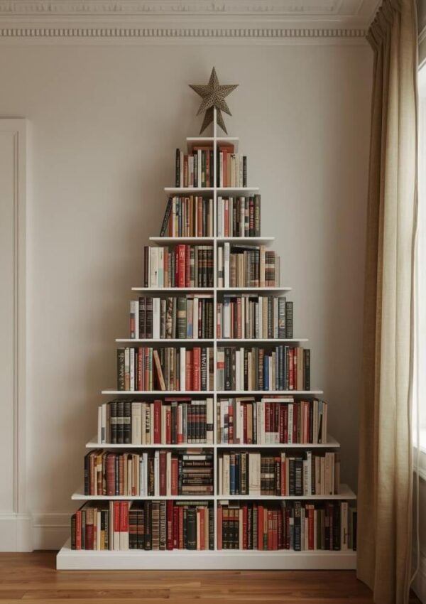 A bookshelf arranged in a pyramid shape to resemble a Christmas tree, filled with books and topped with a star, stands against a wall near a window with beige curtains.