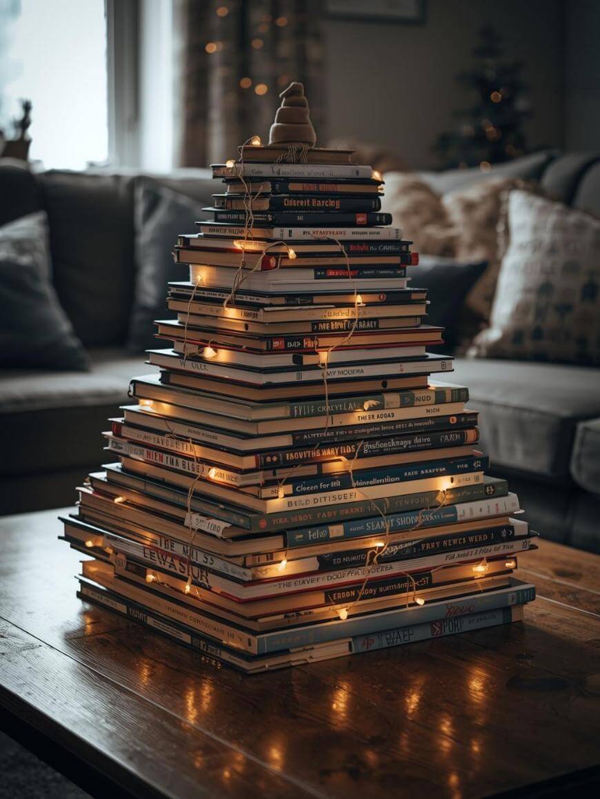 A pyramid-shaped stack of books on a coffee table is decorated with warm fairy lights and topped with a small ornament, resembling a Christmas tree in a cozy living room.