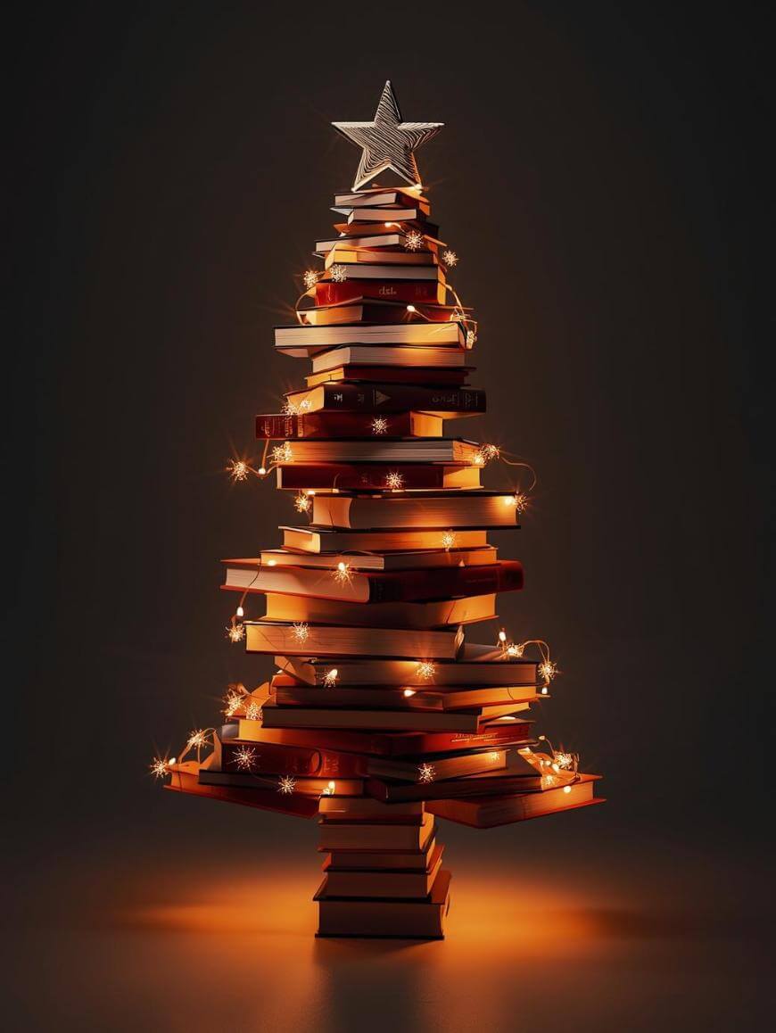 A Christmas tree made of stacked books, decorated with string lights and topped with a star, stands against a dark background, creating a warm, festive atmosphere.