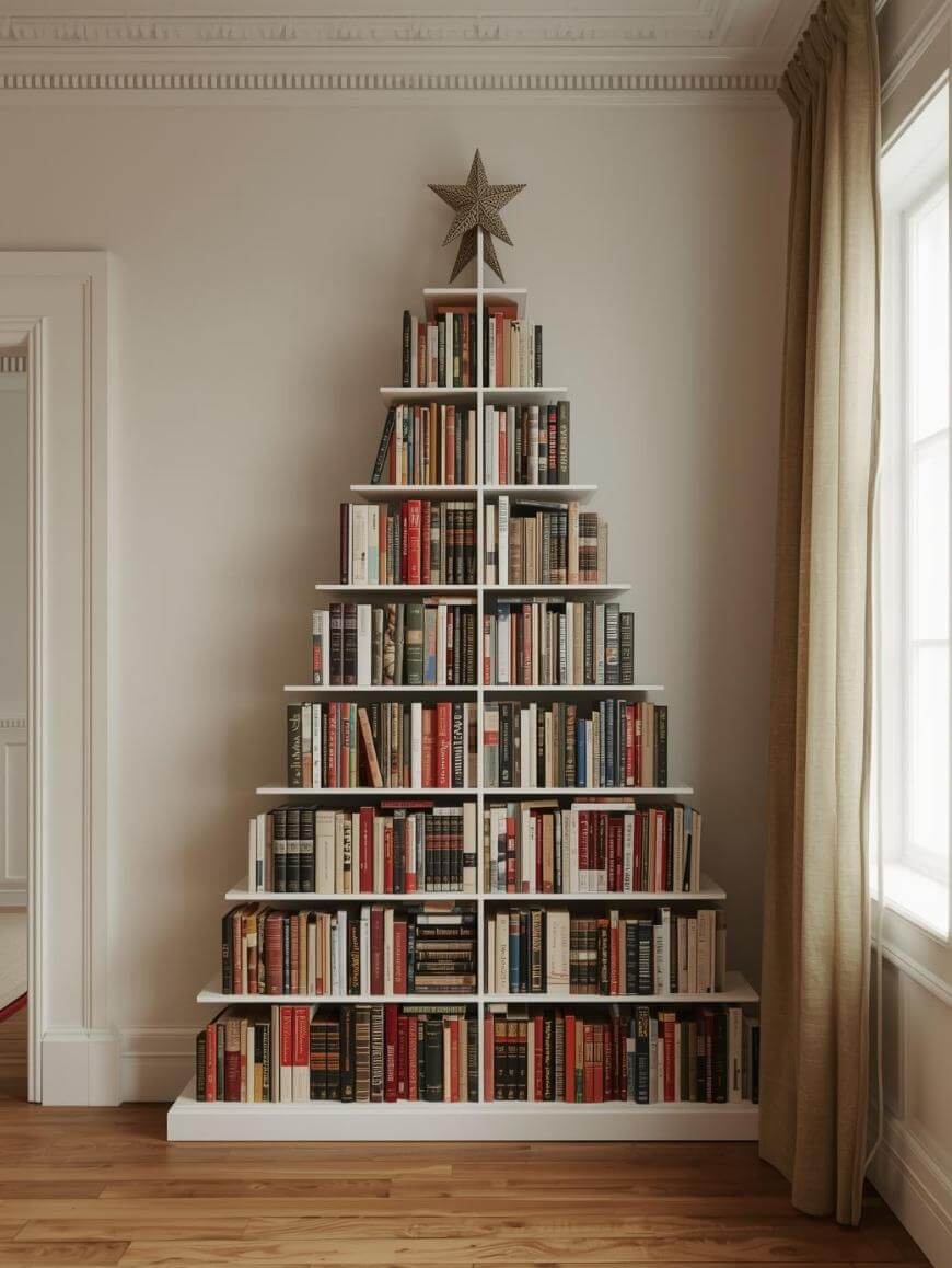 A bookshelf shaped like a Christmas tree, filled with books on each tier and topped with a decorative star, stands against a wall near a window with beige curtains.