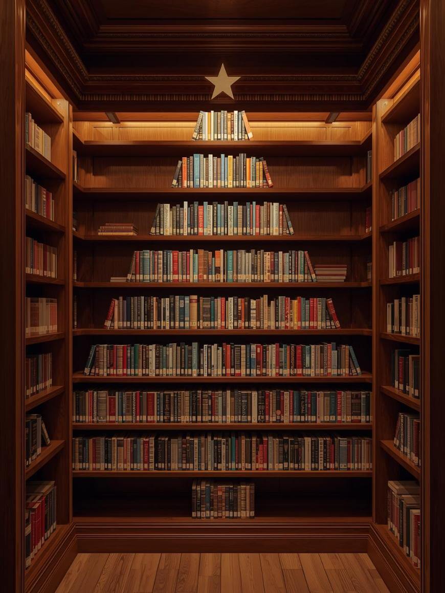 A bookshelf filled with books arranged in the shape of a Christmas tree, topped with a lit star, set in a wooden library with warm lighting.