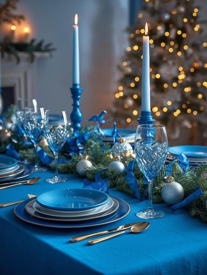 A festive table set with blue plates and napkins, crystal glasses, gold cutlery, candles, and a green garland with silver ornaments. A Christmas tree with lights is blurred in the background.